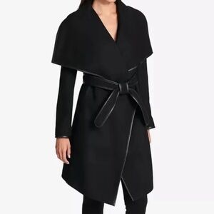 DKNY faux leather trim wrap coat